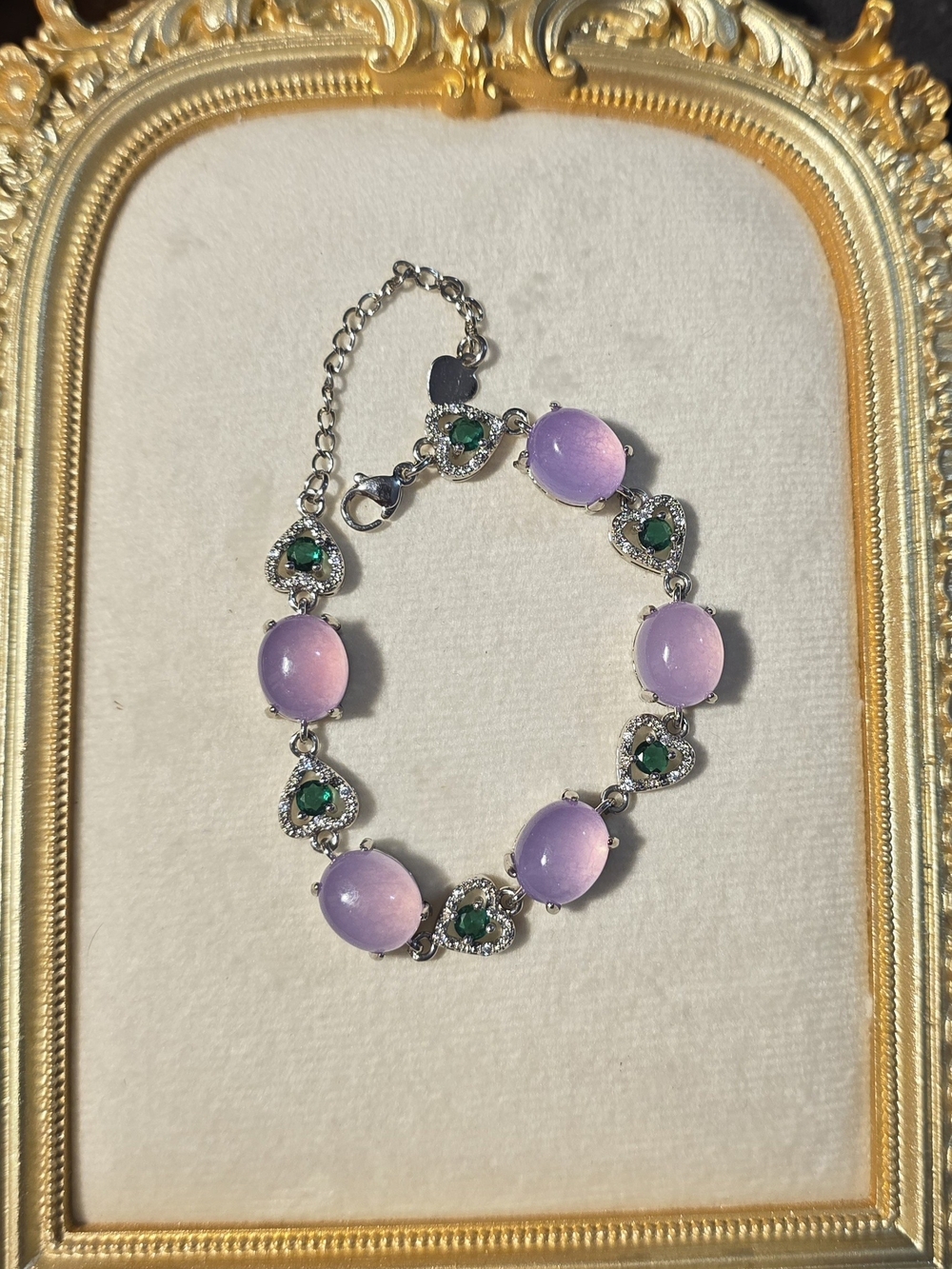 Purple Jade Bracelet With Mossianite Emerald Accents